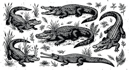 Vintage engraving of multiple alligators and crocodile in a natural setting © ALO