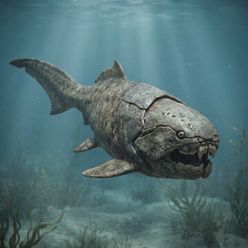 Realistic Dunkleosteus prehistoric placoderm fish gliding in murky water