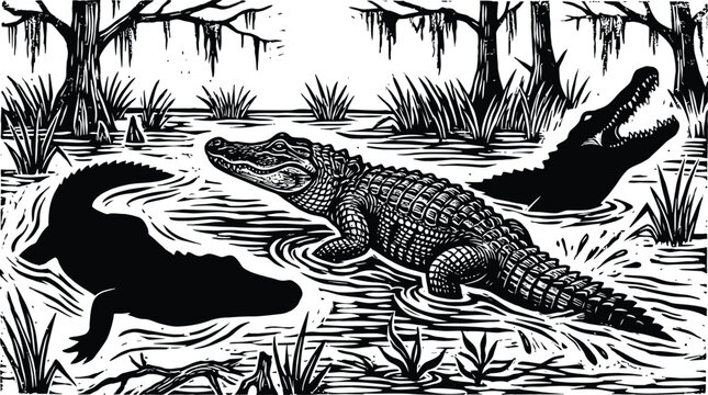 Alligators in a swamp a vintage woodcut style illustration