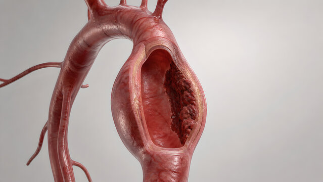 Aortic aneurysm, dilated aorta, mural thrombus, abdominal aorta, vascular wall, medical 3D anatomy, realistic clinical illustration