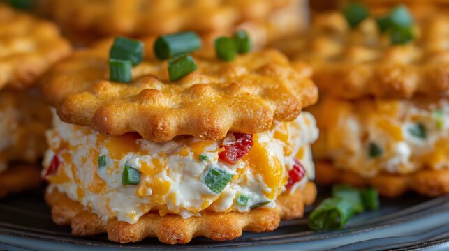 Close up of cracker party sandwiches, crunchy layers with creamy filling and savory toppings, appetizing bite-size snacks perfect for gatherings and festive occasions