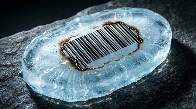Corporate carbon footprint and ESG metrics concept featuring scorched barcode branded on melting ice over dark stone