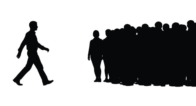 A lone man walks away from a large group of people in a vector illustration design