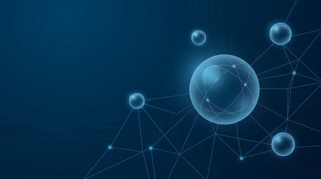 Abstract molecular network with glowing orbs on dark blue background