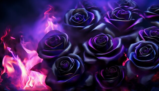 black and purple roses with purple fire in the background