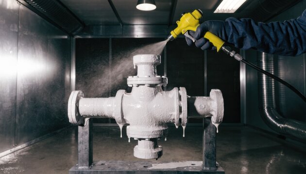 Medium shot capturing polyurethane paint being evenly applied to a pump in a controlled spray booth environment emphasizing durable protective finish.