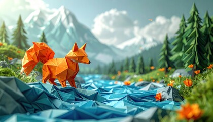 Origami fox stands near a stream in a low-poly forest setting