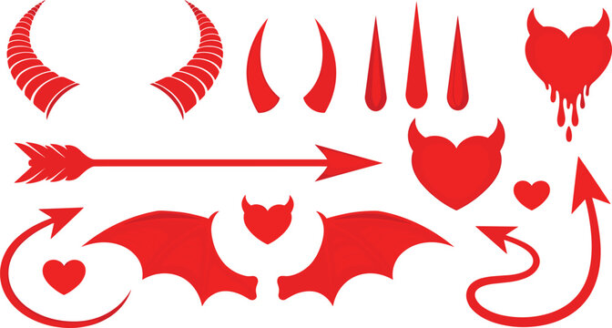 Red Devil and Evil Heart Icon Set Featuring Horns, Bat Wings, Demon Tails, and Gothic Love Symbols for Halloween, Tattoos, and Dark Graphic Designs