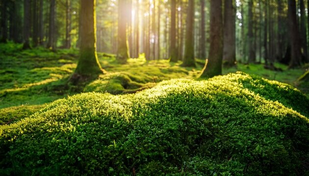 vibrant green moss illuminated by sunlight in a serene forest