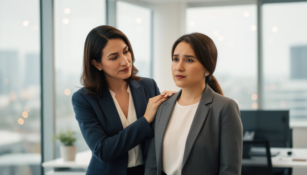 Empathetic female manager in a blue suit supporting a sad or stressed colleague by putting a hand on her shoulder during a difficult conversation in a bright modern high-rise office lobby