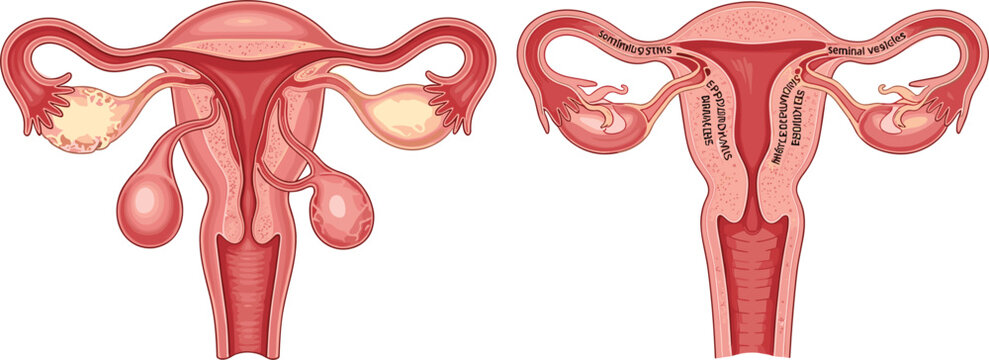 Detailed Anatomical Vector Illustration of Female Reproductive System Showing Uterus, Ovaries, and Fallopian Tubes for Medical Education, Healthcare Research, and Scientific Presentations