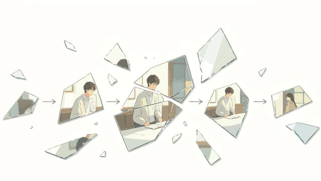 Narrative Sequence On Shattered Mirror Shards Depicting A Young Man Reading At An Indoor Table, His Gaze Shifting Toward A Young Woman Standing In A Nearby Doorway, Soft Minimal Illustration Style