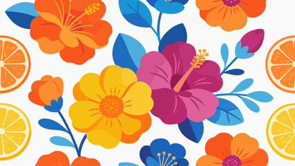 A vibrant and cheerful pattern of oranges and stylized flowers evokes feelings of freshness and energy, ideal for summertime branding and creative des © sisca