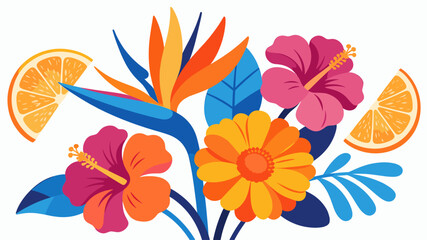A vibrant and cheerful illustration featuring citrus fruit and hibiscus flowers. Perfect for summer promotions, wellness content, or conveying a sense © sisca