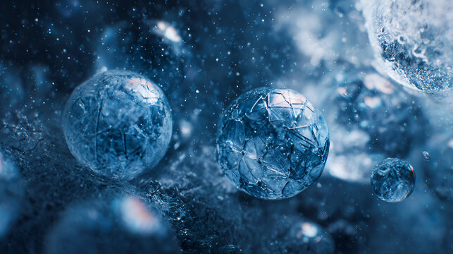 Frozen bubbles creating sparkling ice spheres and crystalline patterns in a cold winter macro environment, abstract blue and white frosty atmosphere with tiny particles