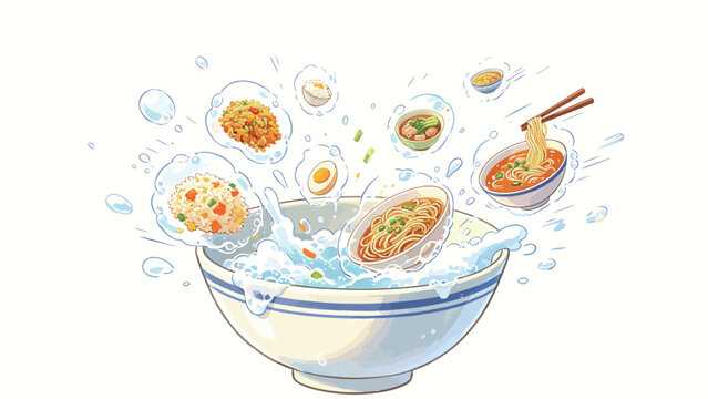 Whimsical watercolor illustration of assorted Asian rice, noodle, soup, egg dishes in water bubbles bursting from blue-striped ceramic bowl with splashes, playful food art on white background