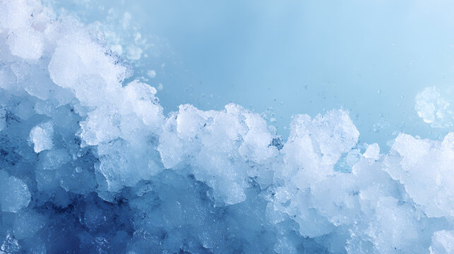 Crushed ice texture forming a horizontal abstract border on a cool blue background, symbolizing winter, cold, freezing, freshness, and refreshment