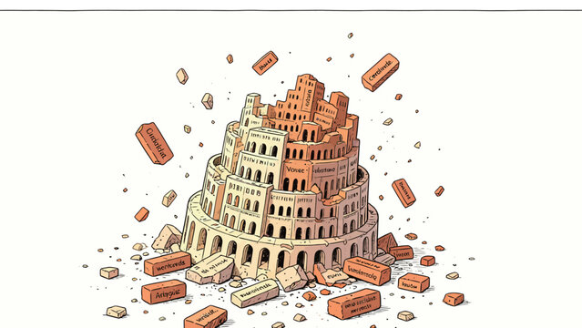 Hand-drawn pen and ink style illustration of a crumbling tiered circular ancient tower, with flying falling bricks and scattered rubble on a plain white background