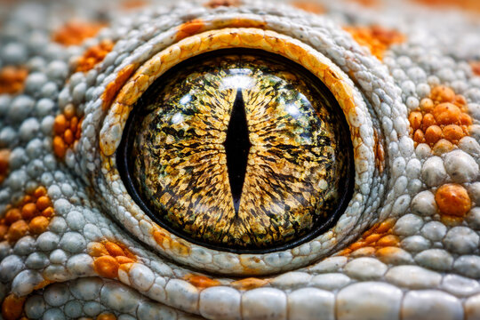 Close-up of a gecko eye with intricate patterns and colors