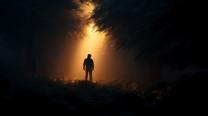 Obraz premium Stylized figure standing in dark forest at dawn with dramatic golden backlight through fog
