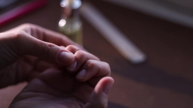 Close-up of female hands applying cuticle oil, rubbing them together in warm indoor light, static