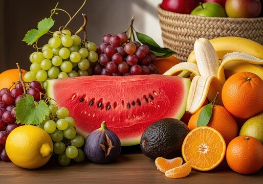 fresh summer fruits assortment sliced watermelon citrus grapes and tropical bananas on wooden table