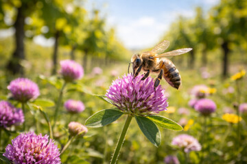 Naklejka premium Bee pollinating purple flower in vibrant green field