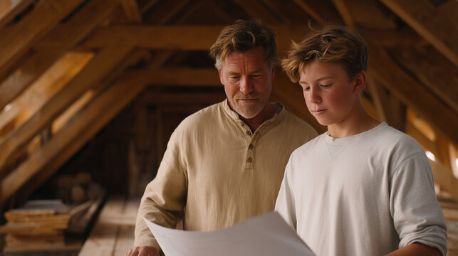 Retired tradesman shows a teenage student how to read a roof framing plan at a heritage building reconstruction site, both hunched over the drawing pinned to a sawhorse as a partially erected king p