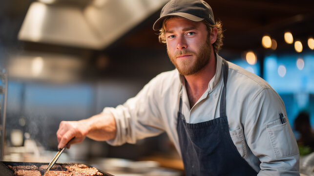 Line cook in a cramped restaurant kitchen gripping tongs over a roaring flat-top grill during dinner rush, sweat on their forehead, expeditor shouting orders in background, stainless steel surfaces 