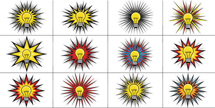 Explosive Burst and Light Bulb Idea Icon Set with Star Shaped Splash and Energy Symbols for Creative and Business Design Projects
