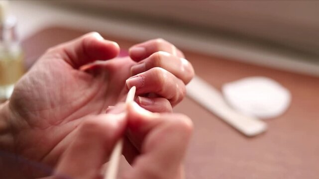Woman's hands doing a self-manicure, gently pushing back cuticles with a wooden stick, static.