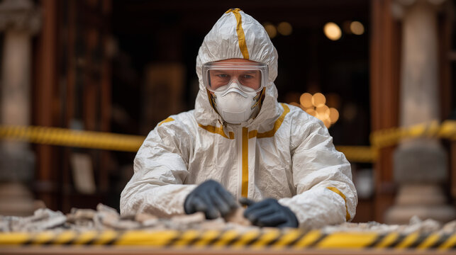 Hazmat-certified asbestos removalist in a fully sealed Tyvek suit and half-face respirator carefully bags ceiling tile fragments inside a negative-pressure enclosure within a heritage school buildin