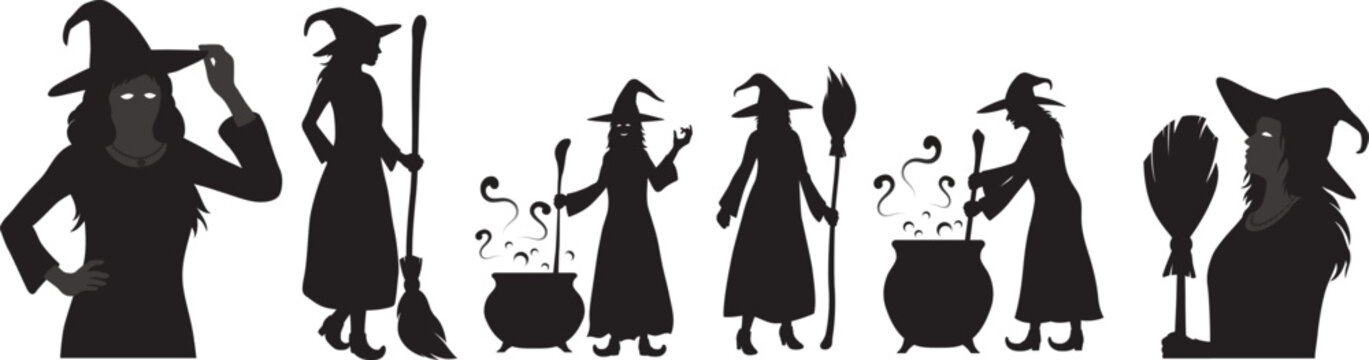 Various witch silhouettes set with cauldrons and brooms for Halloween design and magical concepts