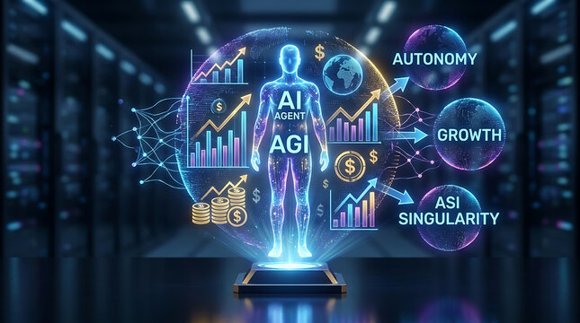 Advanced 3D Financial Hologram Representing Artificial General Intelligence Agent and Superintelligence Technology for Autonomous Economic Growth and Digital Singularity Evolution in Future.