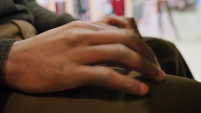 Patient waits nervously. Anxious individual sits quietly. Tense patient waiting patiently under soft clinic lighting. Anxious individual rests hand on knee while waiting in quiet examination room