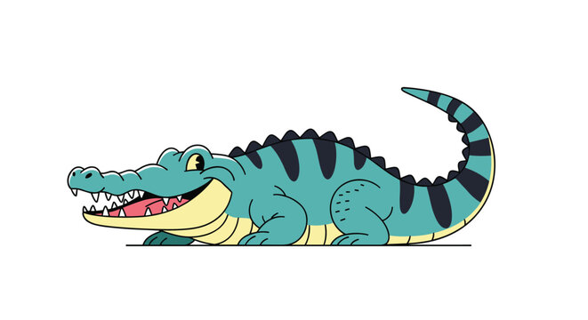 Friendly green crocodile with black stripes and a yellow underbelly crawls along the ground with a wide smile, showing a playful and gentle nature.