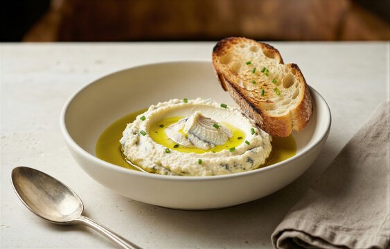 Brandade de Morue served in bowl, creamy texture, garnished with green onions, accompanied by toasted bread. Concept of culinary art featuring whipped cod with olive oil potato.