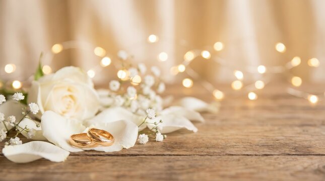 Wedding Rings and White Rose on Wooden Surface