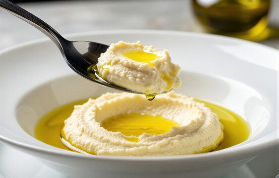 Spoonful of Brandade de Morue, creamy whipped cod with olive oil potato, drizzled with olive oil in white bowl. Concept of culinary art, showcasing delicious textures and flavors.