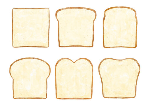 水彩風食パン6枚セットのイラスト・様々な形バリエーション 正面 真上 / Watercolor sliced bread set of 6 various shapes collection front view illustration