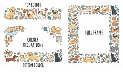 Obraz premium Cute Dog Border and Frame Vector Set with Top, Corner, and Full Frame Decorations Featuring Cartoon Puppies, Bones, and Paw Prints for Kids, Invitations, and Scrapbook Designs