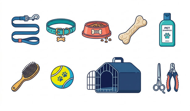 Dog Care Icon Set Vector Illustration with Collar, Food Bowl, Bone, Ball, and Dog Crate for Pet Apps, Websites, Digital Designs, and Animal Care Projects