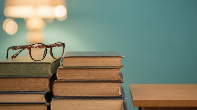 Stack of vintage books with reading glasses on table