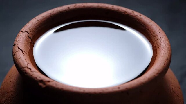 Closeup of clear water shimmering in a rustic earthenware pot with visible cracks on its surface, dark moody background