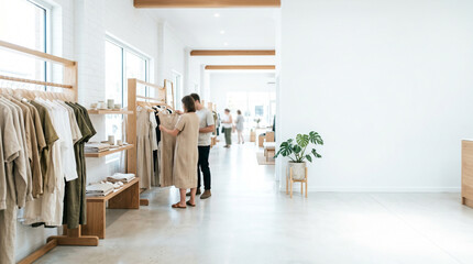 Fototapeta premium A minimalist clothing store with wooden racks and neutral-toned apparel, where customers browse in a bright, airy, modern retail space.