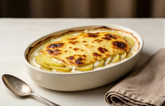 Gratin Dauphinois with creamy layered potatoes, garlic notes, topped with crispy texture. Concept of culinary art celebrating layered potatoes with cream garlic.