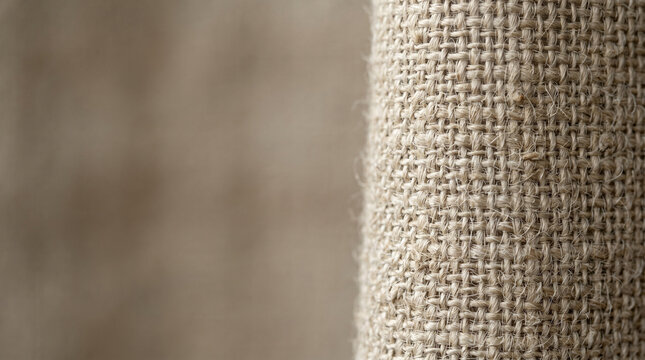 Close-up image of beige woven fabric texture with intricate interlaced fibers, highlighting its natural and rustic appearance.