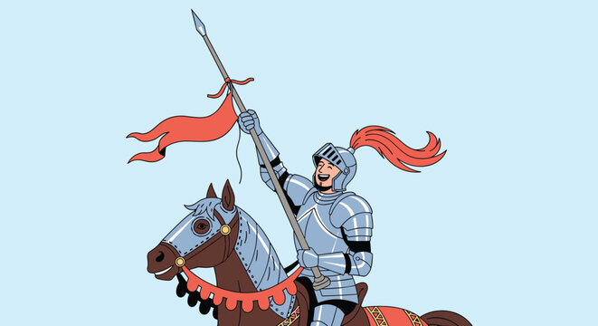 Brave knight in shining silver armor riding a brown horse and holding a long spear with a red flag against a light blue background.