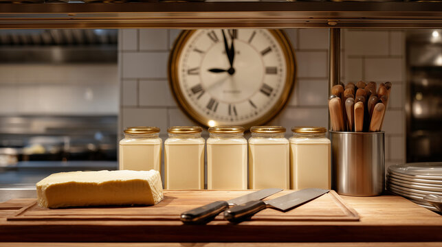 Restaurant prep cook organizing mise en place containers by station before service, chef's knife block and labeled squeeze bottles perfectly arranged on a stainless shelf, a wall clock above the pas