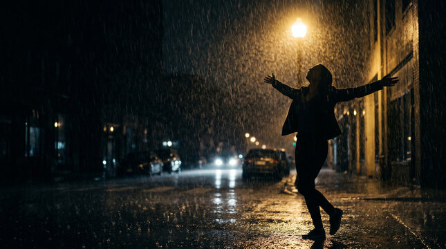 A silhouette of a person joyfully dancing in the rain on a dimly lit street at night, with wet pavement reflecting the streetlights.